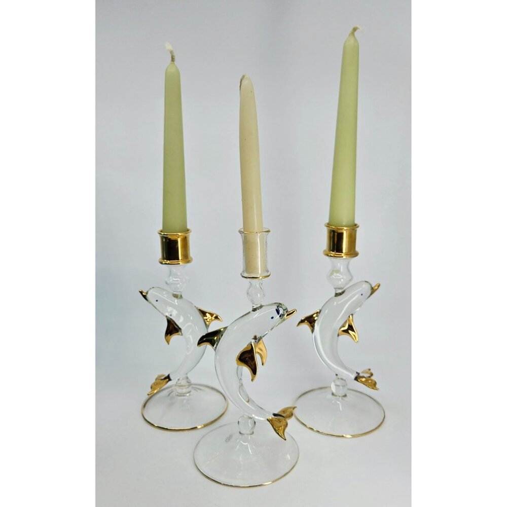 Set Of 3 Handcrafted Dolphin Glass Candle Holders With Gold Accents